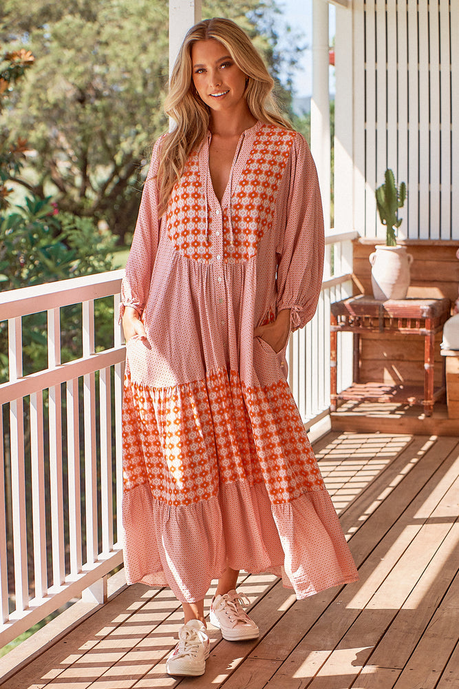 Jaase Ria Midi Dress with Pockets V Neck Buttoned Through - Winny