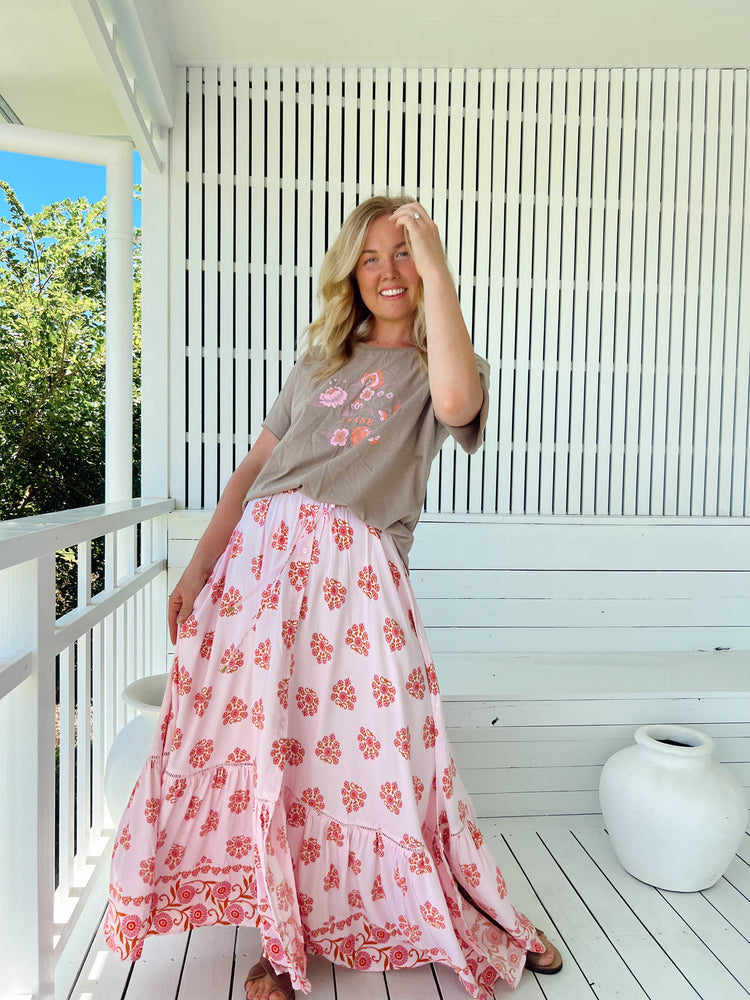 Jaase Daphne Maxi Skirt with Drawstring Waist Buttoned Front - Desert Wildflowers