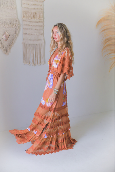 Jaase Bungalow Cotton Lace Maxi Dress with V-Neck Lace Drawstring Batwing Sleeve -Amara Bloom - Style House Fashion Jaase