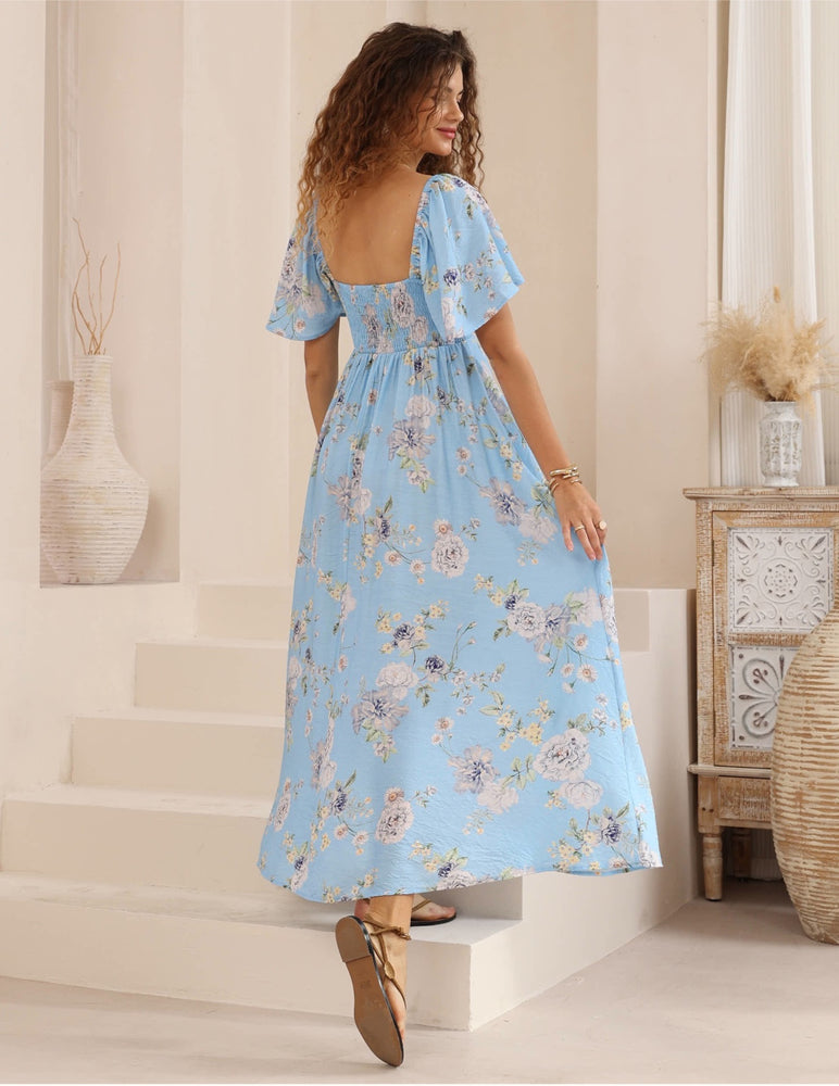 Iris Maxi Charlotte Maxi Dress with Shirred Bodice Flutter Sleeve - Sapphire Bloom