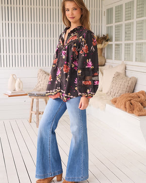 Jaase Eliza Blouse with V-Neck Lace Buttons Balloon Sleeve - Monarch Bloom - Style House Fashion