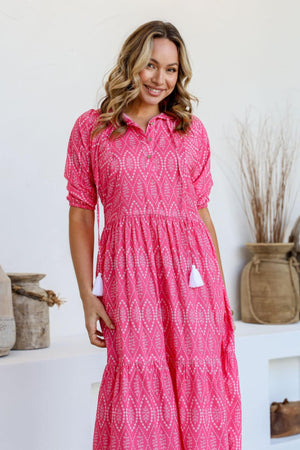 Joop & Gypsy Pink Cotton Midi Dress with V Neck Pockets Tie - Pink