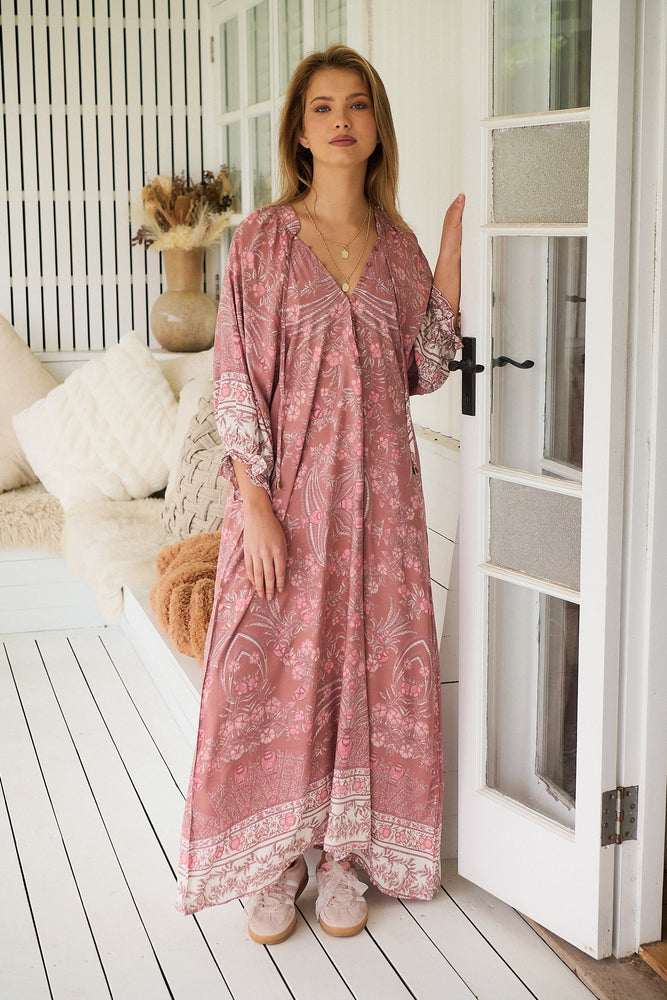 Jaase Bree Maxi Dress with V Neck Button Bodice Elastic Frill Sleeve - Angelina
