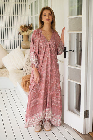 Jaase Bree Maxi Dress with V Neck Button Bodice Elastic Frill Sleeve - Angelina