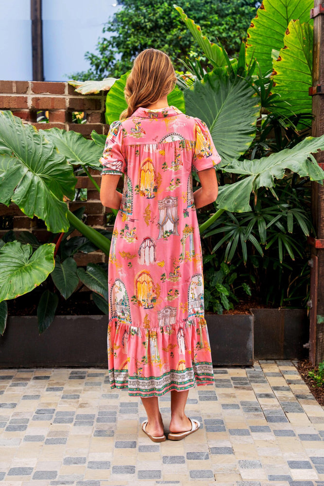 Boho Australia Lynn Midi Dress with V-Neck Buttons Pockets - Pink Oasis
