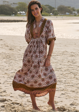 Jaase Boheme Midi Dress with Mandarin Collar V Neck Pockets Wild Gypsy Collection. Khaki, Rose Pink White vintage print. 