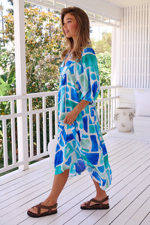 Jaase Boheme Midi Dress with Mandarin Collar V Neck Pockets - Maldives - Style House Fashion Jaase