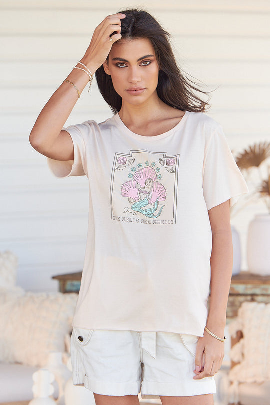 Jaase Ariel Sea Shell Vintage Graphic T-Shirt with Raw Edge Round Neck - Peach Dust