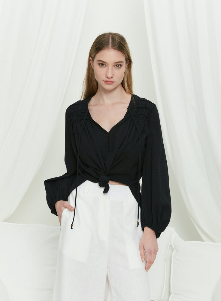 Iris Maxi Anna Cotton Blouse with V Neck Longline Back Billowy Sleeve - Black