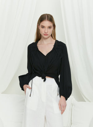 Iris Maxi Anna Cotton Blouse with V Neck Longline Back Billowy Sleeve - Black