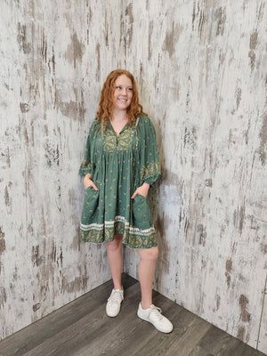 Jaase Adela Dress with Buttoned Bodice V-Neck Pockets - Viridian