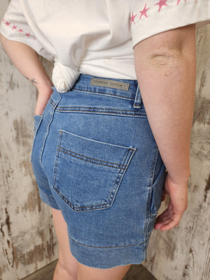 Country Denim Jodie Stretch High Rise Cargo Shorts - Mid Blue