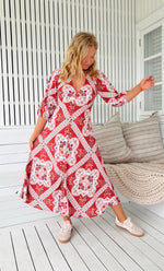 Jaase Lenni Midi Dress with V-Neck Buttoned A-Line Skirt Puff Sleeve - Rosa