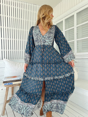 Jaase Luciana Maxi Dress with V Neck Drawstring Billowy Sleeves - Nico - Style House Fashion Jaase Jaase Jaase