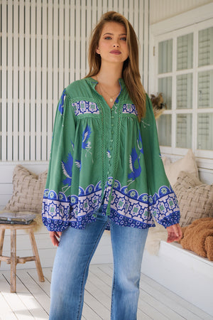 Jaase Bee Blouse Top with Mandarin Collar V Neck Buttons Lace Detail - Bluebird - Style House Fashion Jaase