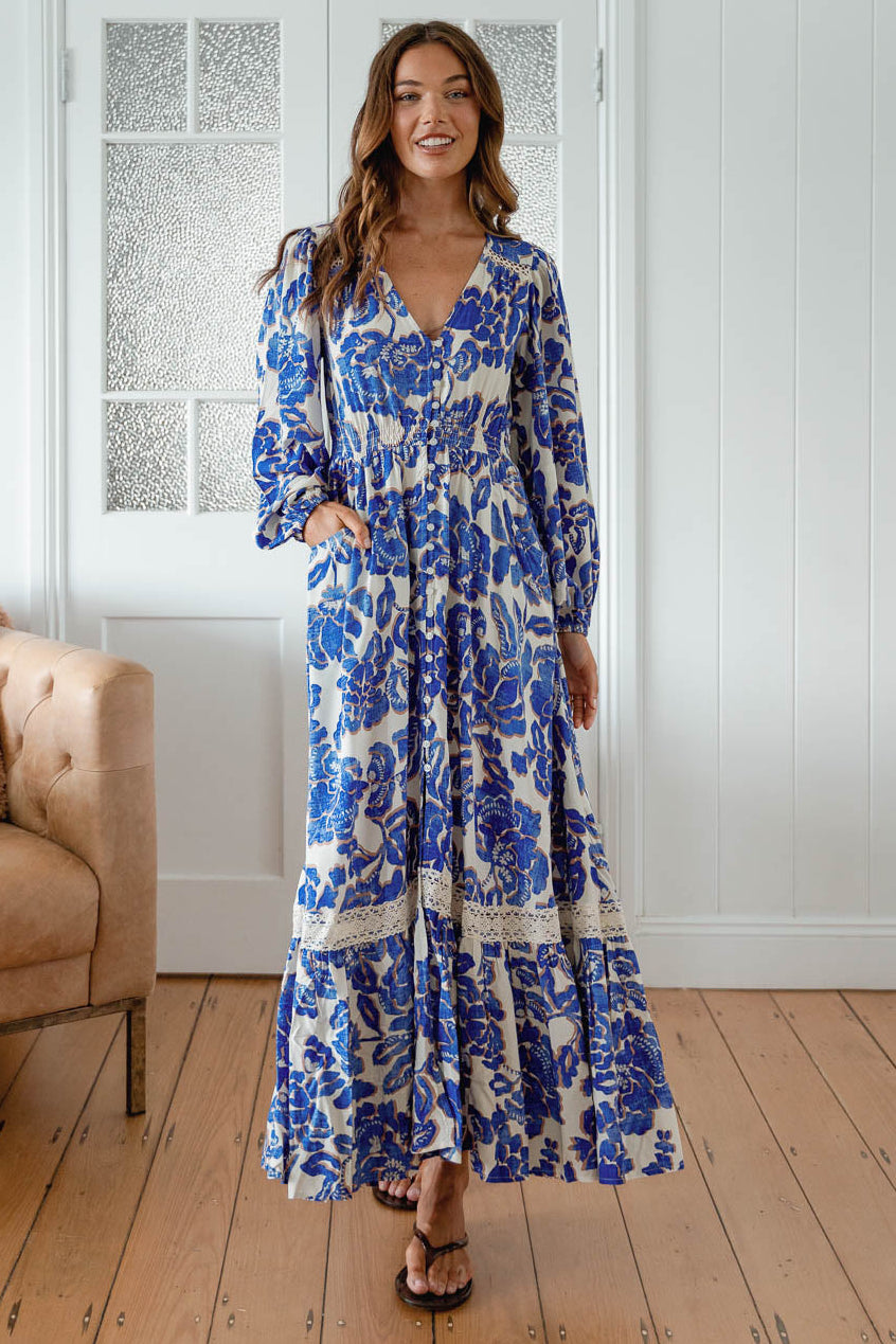 Jaase Carmen Maxi Dress with Long Sleeve V-Neck Pockets Buttoned - Indigo Bloom - Style House Fashion