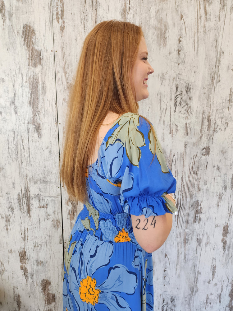Jaase Rini Midi Dress V Neck Off Shoulder Elastic Waist - Blue Bell - Style House Fashion Jaase