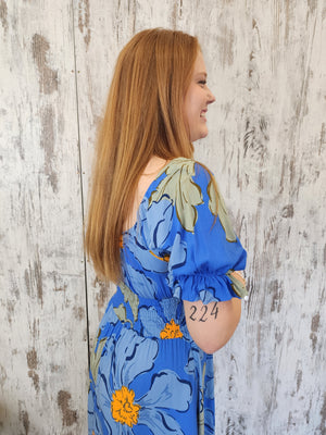 Jaase Rini Midi Dress V Neck Off Shoulder Elastic Waist - Blue Bell - Style House Fashion Jaase