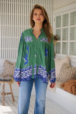 Jaase Bee Blouse Top with Mandarin Collar V Neck Buttons Lace Detail - Bluebird - Style House Fashion Jaase