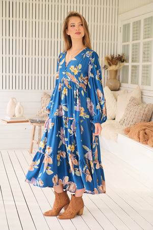 Jaase Eve Midi Dress with V-Neck Buttons Long Sleeve - Georgia Blue - Style House Fashion Jaase Jaase