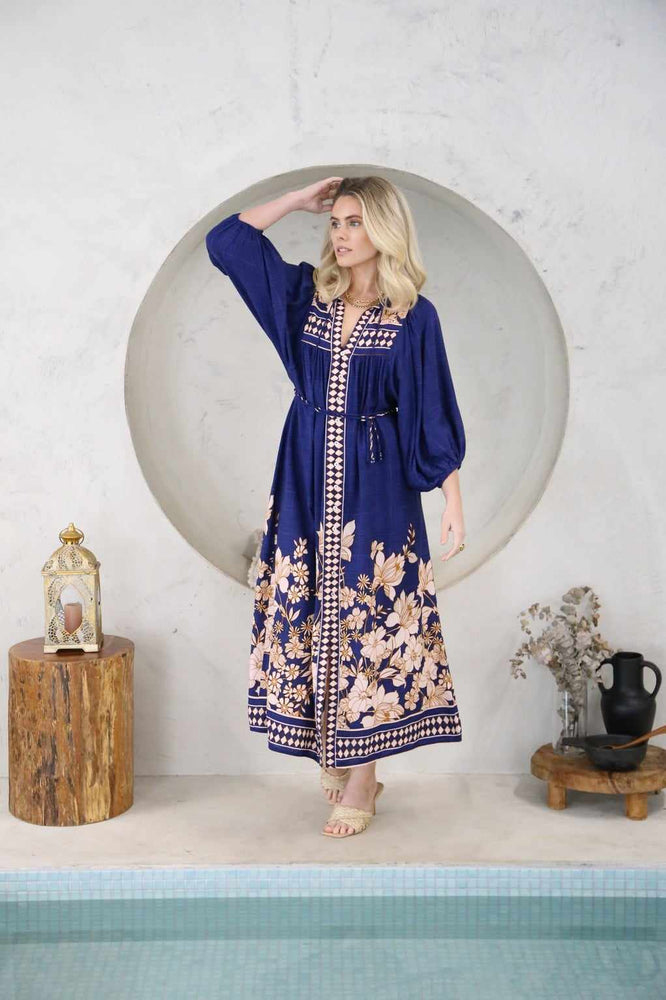 Sicilia Midi Dress V Neck Button Front in Marrakech Collection - Style House Fashion Salty Bright