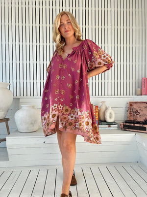 Jaase Evelyn Mini Dress with Pockets V Neck Buttoned Relaxed Shift - Bee Orchid - Style House Fashion Jaase