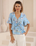 Iris Maxi Jayde Boho Frilled Blouse V Neck Buttoned - Sapphire Bloom