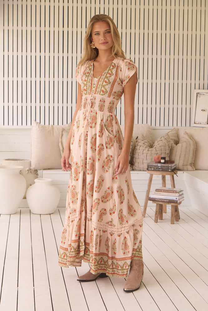 Jaase Romi Maxi Dress With Shirred Waist Shell Sleeve Buttoned Pockets - Heirloom - Style House Fashion Jaase Jaase Jaase Jaase