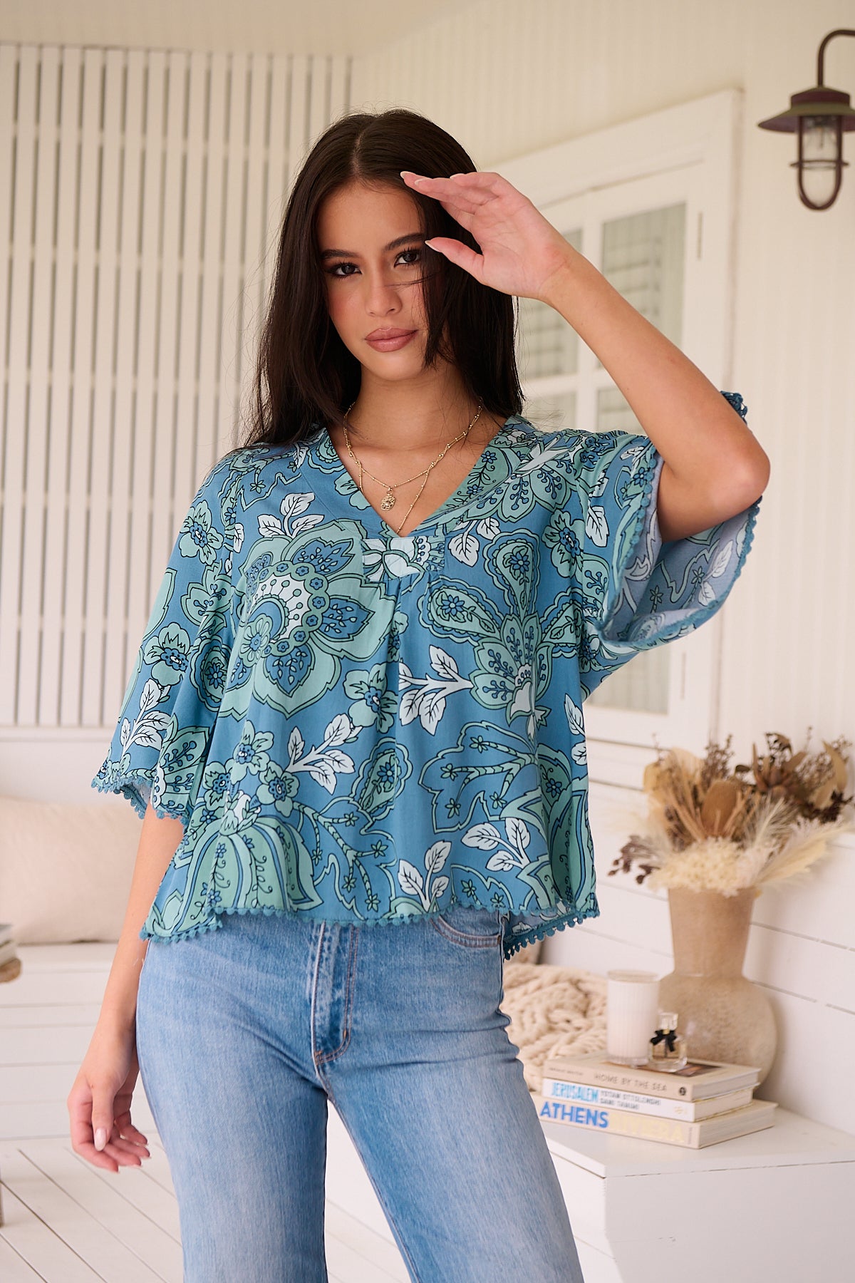 Jaase Gabriella Blouse Top with V Neck Lantern Sleeve - Serenade - Style House Fashion Jaase