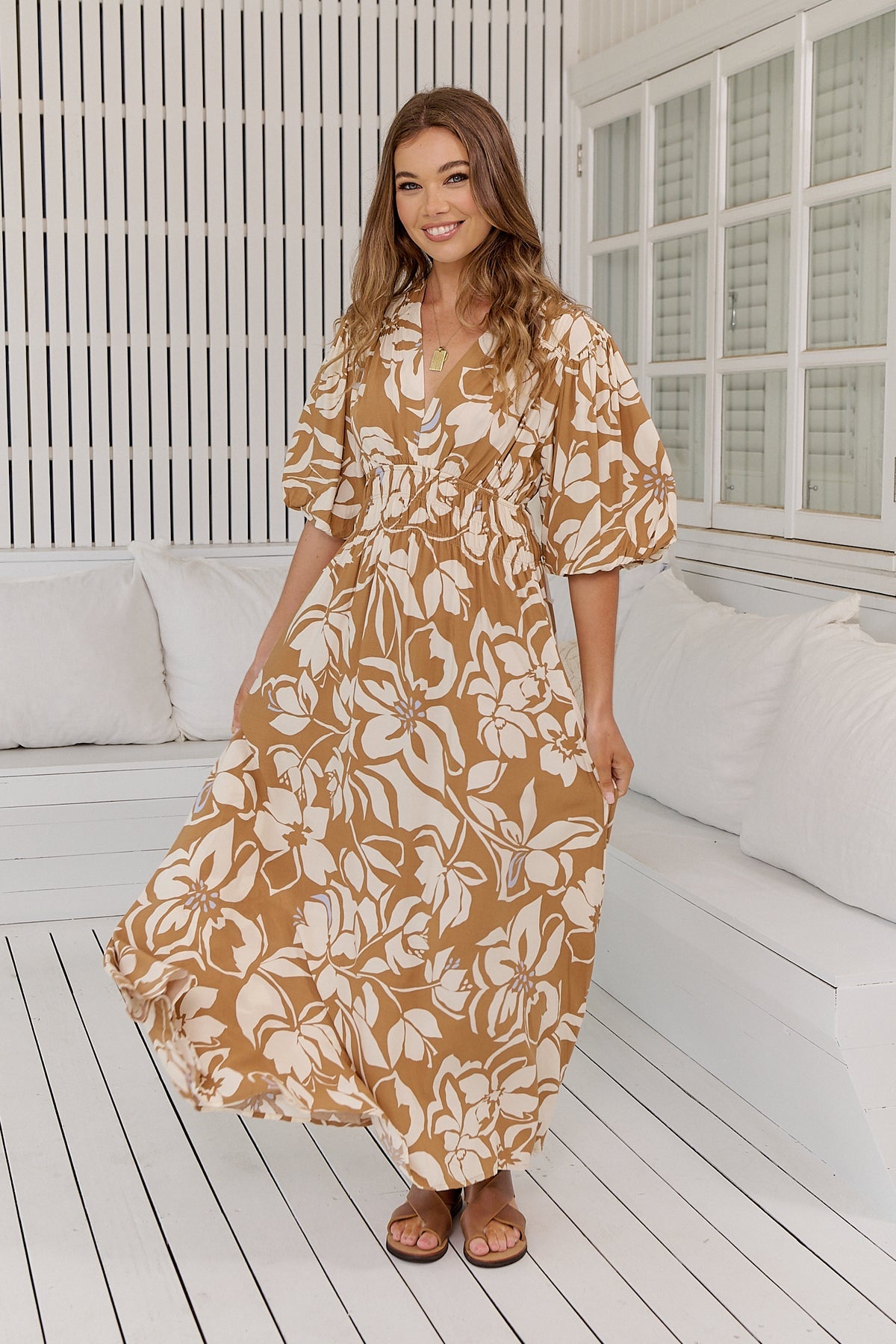 Jaase Sonya Maxi Dress with V Neck Puff Sleeve - Champagne Mist - Style House Fashion Jaase Jaase Jaase