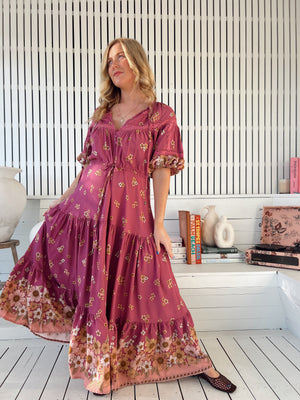 Jaase Elsa Maxi Dress with Button Bodice Puff Sleeve Lace Detail - Bee Orchid - Style House Fashion Jaase