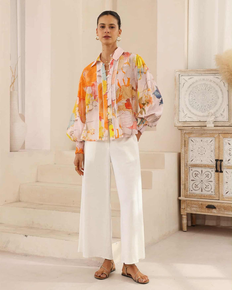 Iris Maxi Maya Blouse Top with Collar Long Sleeve Buttons - Citris Hibiscus