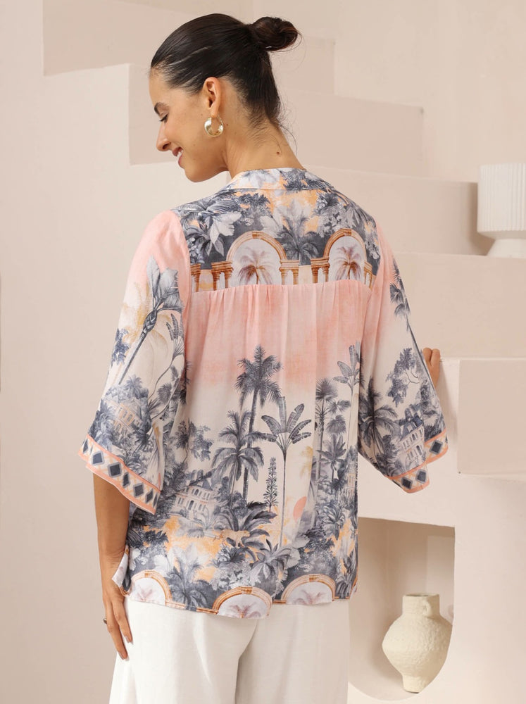 Iris Maxi Hannah Blouse Top with Tie V-Neck Sleeve Buttons - Pink Paradise