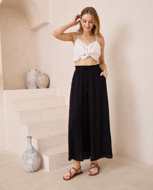 Iris Maxi Palazzo Pants Drawstring Waist Wide Leg - Black - Style House Fashion