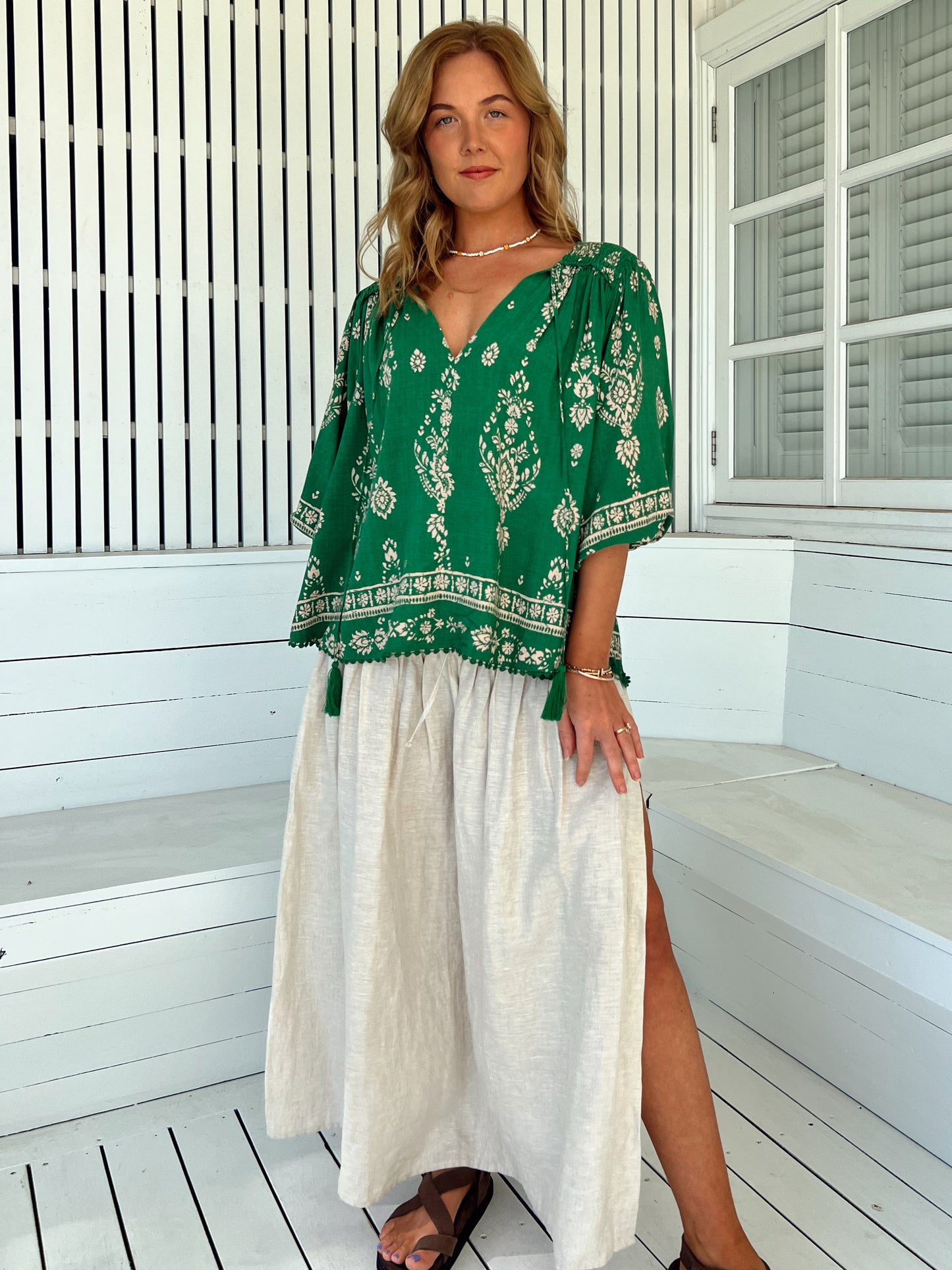 Jaase Rue Top Blouse with V Neck Billowy Sleeve - Kiva - Style House Fashion Jaase