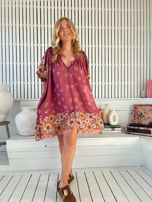 Jaase Evelyn Mini Dress with Pockets V Neck Buttoned Relaxed Shift - Bee Orchid - Style House Fashion Jaase