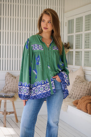 Jaase Bee Blouse Top with Mandarin Collar V Neck Buttons Lace Detail - Bluebird - Style House Fashion Jaase