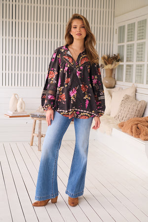 Jaase Eliza Blouse with V-Neck Lace Buttons Balloon Sleeve - Monarch Bloom - Style House Fashion
