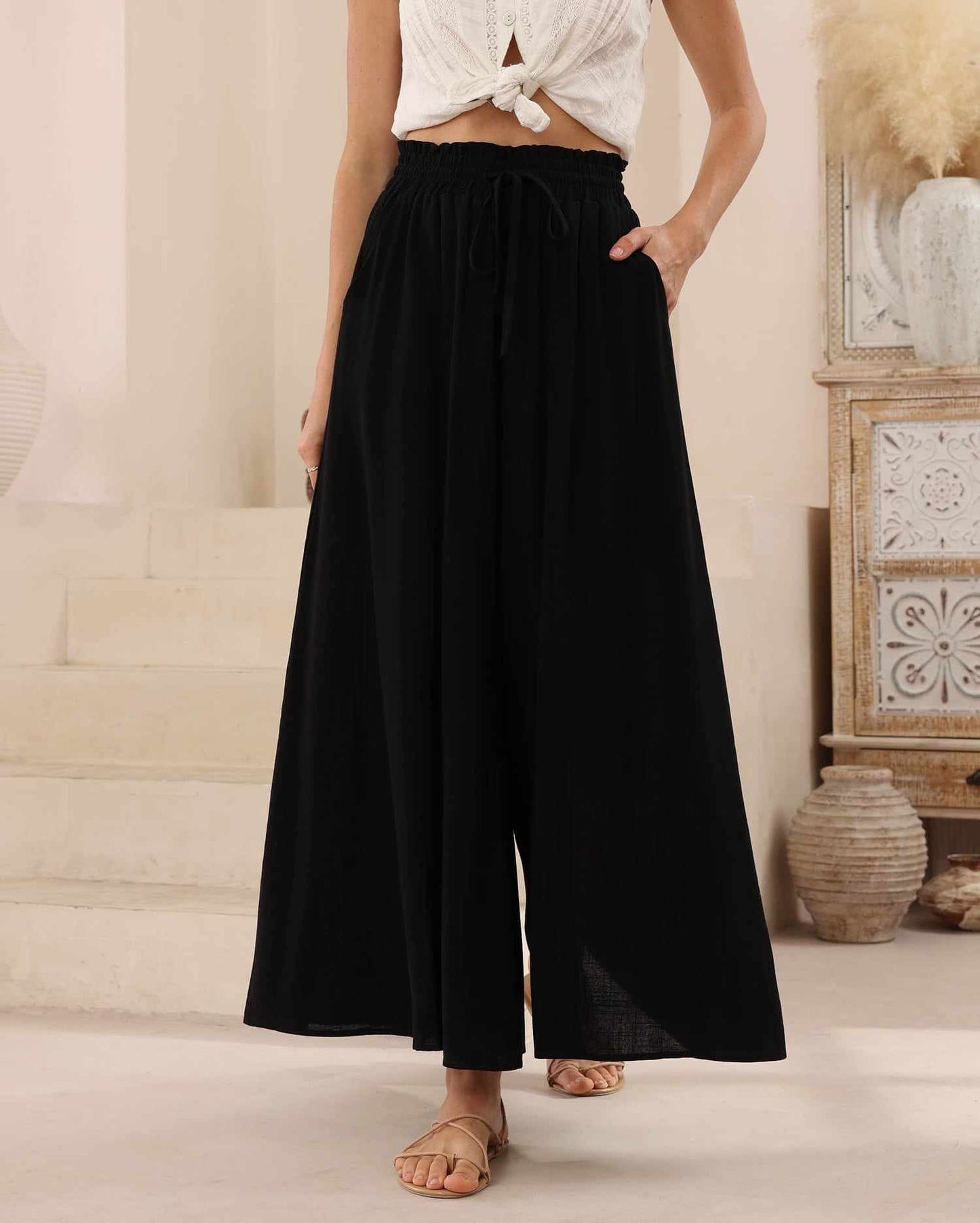 Iris Maxi Palazzo Pants Drawstring Waist Wide Leg - Black - Style House Fashion Iris Maxi