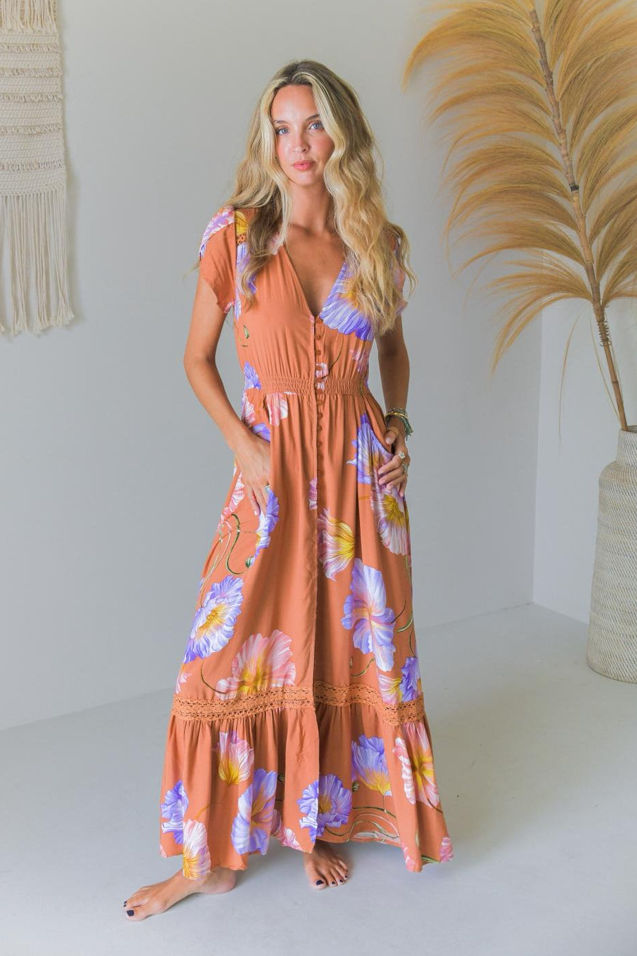 Jaase Carmen Maxi Dress with Cap Shell Sleeve V Neck Pockets Buttoned - Amara Bloom - Style House Fashion Jaase