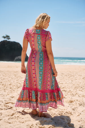 Jaase Carmen Maxi Dress with Cap Shell Sleeve V Neck Pockets Buttoned - Cedella - Style House Fashion Jaase Jaase Jaase