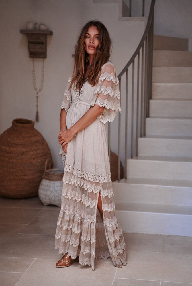 Jaase Bungalow Cotton Maxi Dress with V-Neck Lace Drawstring Batwing Sleeve - Mocha - Style House Fashion Jaase