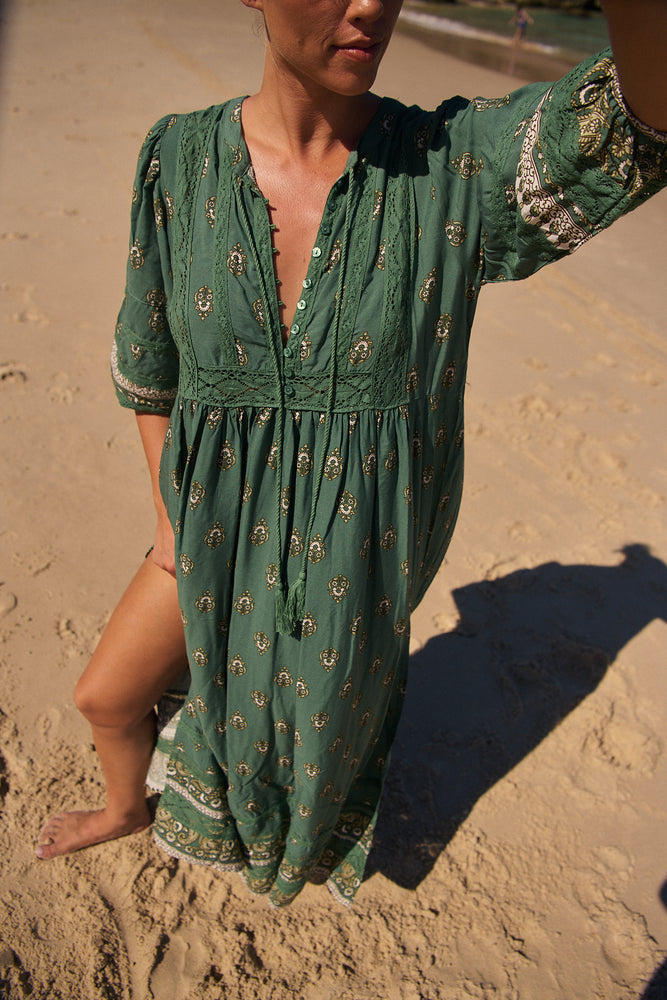 Jaase Meadow Maxi Dress with V Neck Button Bodice - Viridian