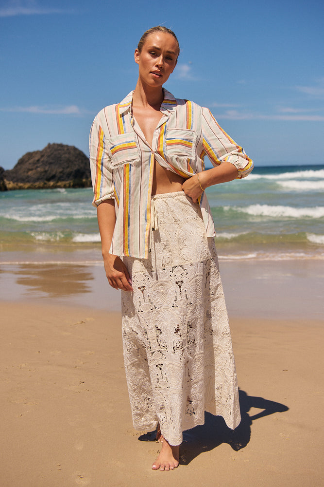 Jaase Rhiannon Shirt Blouse with V Neck Collar Buttoned Front - Coloured Sands - Style House Fashion Jaase Jaase Jaase Jaase