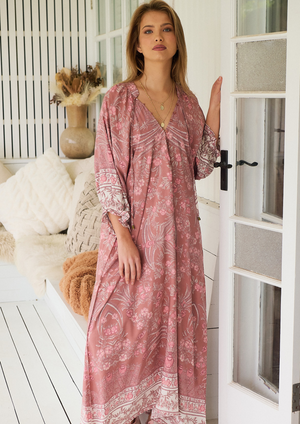 Jaase Bree Maxi Dress with V Neck Button Bodice Elastic Frill Sleeve - Angelina - Style House Fashion Jaase