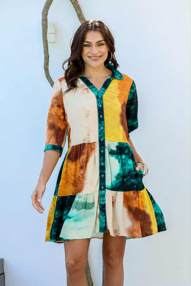 Joop & Gypsy Carolina Mini Dress with V Neck Pockets - Green Tie Dye