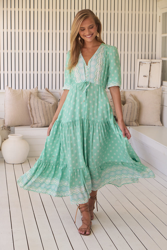 Jaase Tessa Maxi Dress with Drawstring Waist V- Neck Buttoned Bodice - Sea Foam - Style House Fashion Jaase