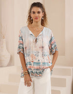 Iris Maxi Helen Blouse Top with Tie V-Neck Sleeve Buttons - Josephine