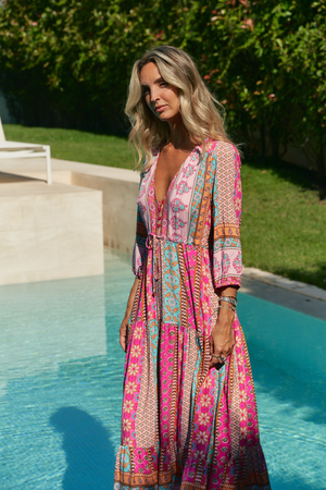 Jaase Tessa Maxi Dress with Drawstring Waist V- Neck Buttoned Bodice - Cedella - Style House Fashion Jaase Jaase