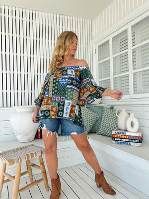 Jaase Clover Top Blouse with Off Shoulder Boho Sleeve - Emerald Cove - Style House Fashion Jaase